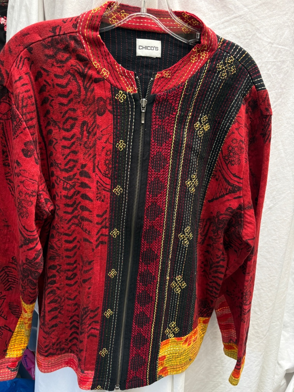 Chico's Red, Black & Gold Patterned Zip-Front Jacket